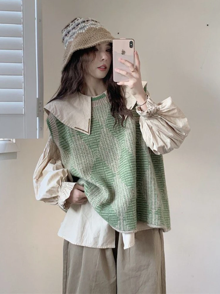 Sweater Vests Women Green Preppy Style Cute Autumn Ins Trendy Popular All-match Cozy Basic Argyle Ladies Knitting College Dating