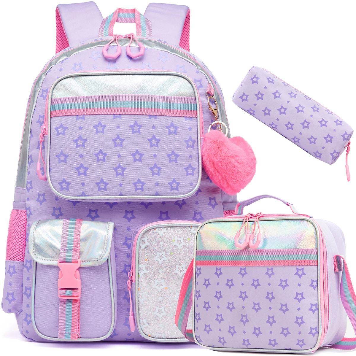 

Meetbelify Multifunctional Backpack Girls School Bag Pentagram Printed School Bag with Lunchbag and Pencilbag