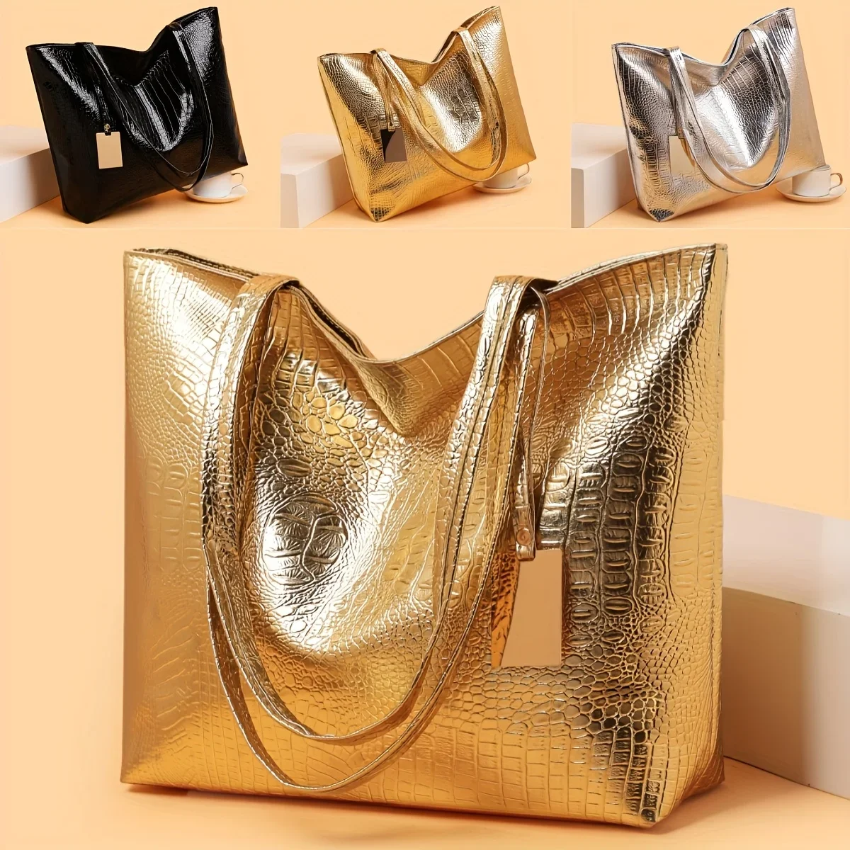 حقيبة يد نسائية كلاسيكية، حقيبة كتف ذات سعة كبيرة مع سحاب إغلاق، حقائب يد معدنية للعمل والحفلات #2