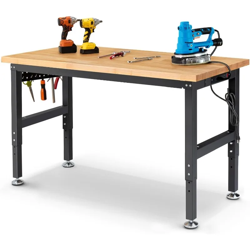 60 Inch Workbench for Garage Adjustable Height Work Bench with Pegboard Power Outlets Rubber Wood Tabletop Work Table