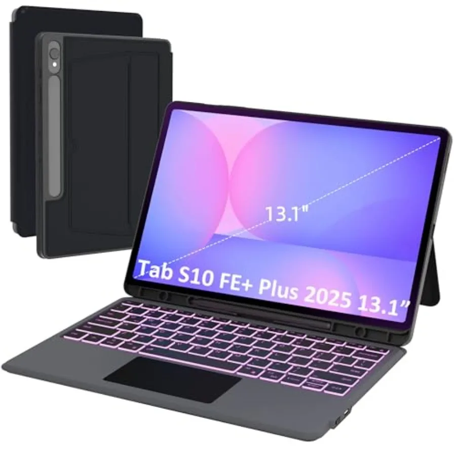 Keyboard Case for Samsung Galaxy Tab S10 FE+ Plus 13.1 inch 2025: 7 Colors Backlit Keyboard with Trackpad Smart Touchpad Magnet
