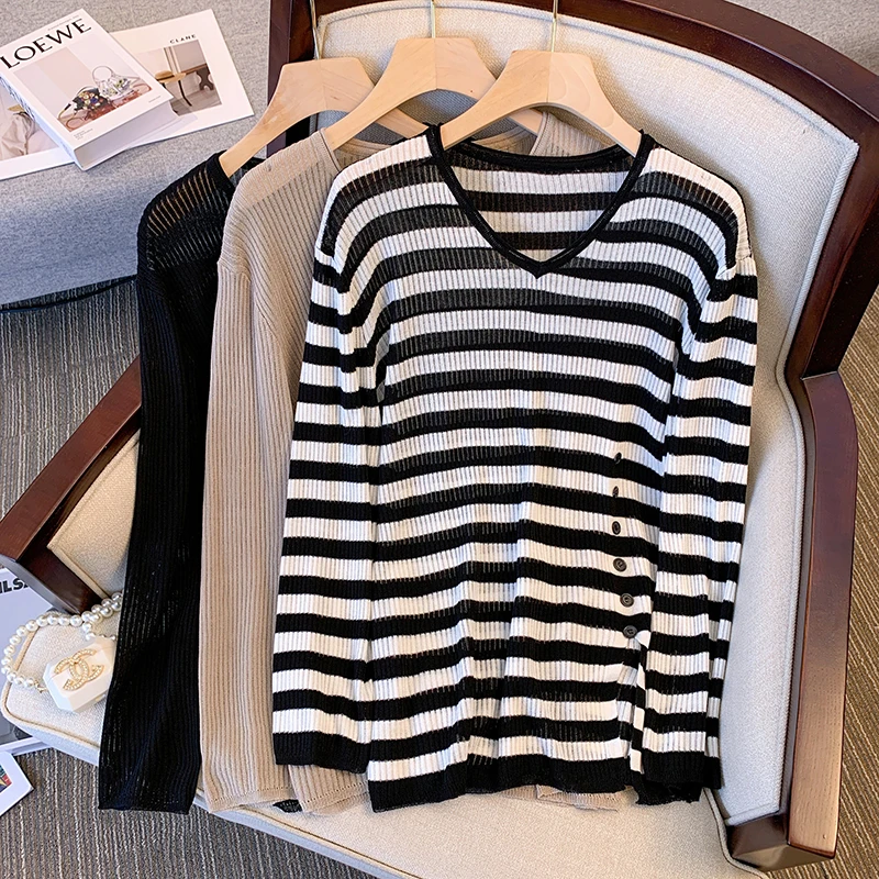 

Fashion knitwear sweater top 2023 women's new versatile temperament loose stripe split pullover top