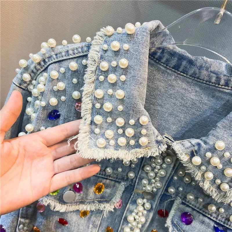 Fashion Pearl Beaded Diamond Light Blue Short Jeans Jacket Frayed Burrs Lapel Long Sleeve Spring Autumn Female Denim Jacket Coat
