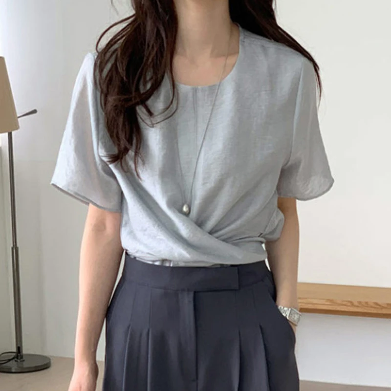 الصيف قصيرة الأكمام تي شيرت الدانتيل متابعة متقاطع الصلبة القمم بلوزة الكورية موضة فضفاضة عادية تيز القمصان