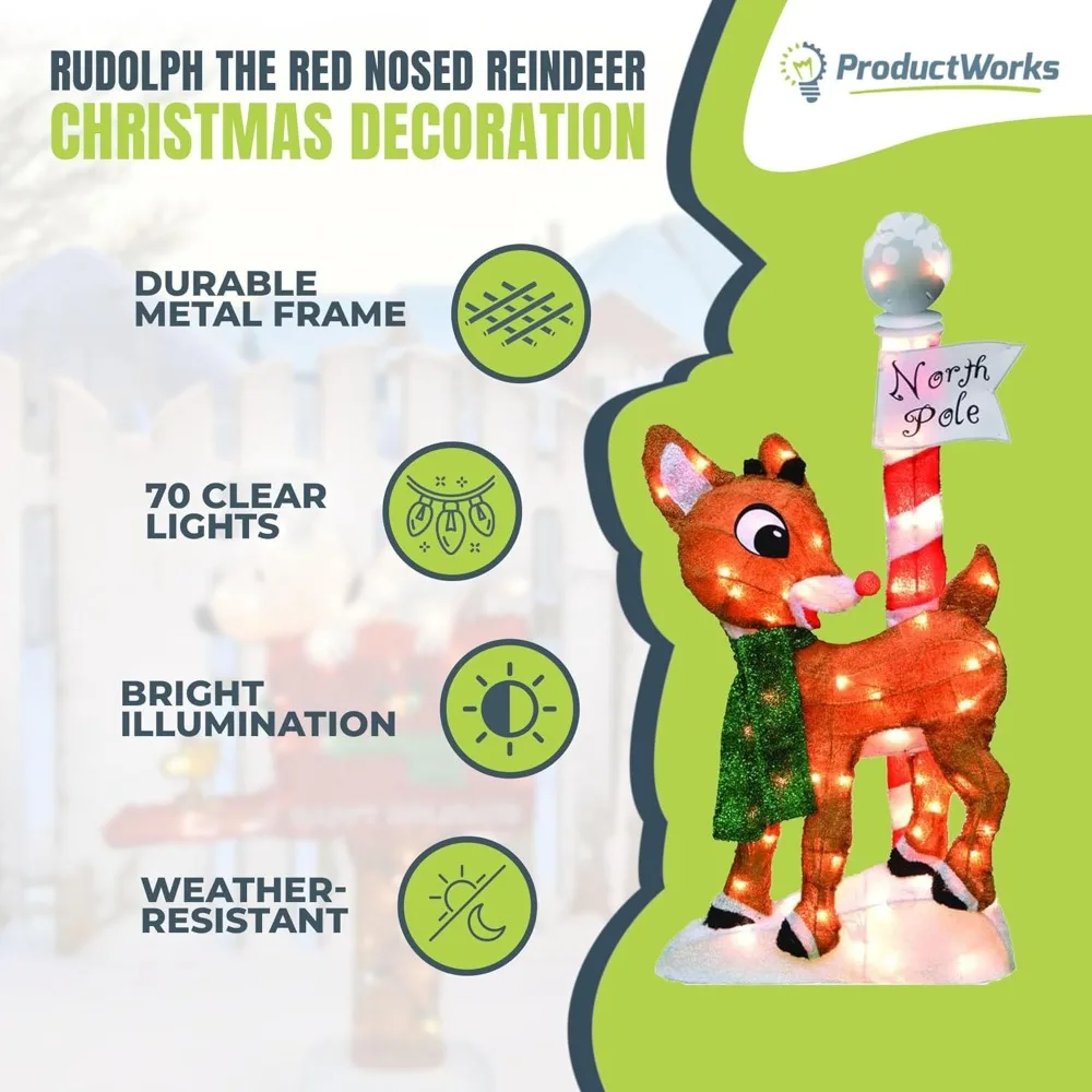 Red Nosed Reindeer Outdoor Christmas Decoration, Equipped with 70 Transparent LED Lights, 32 Inch