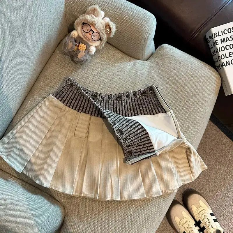 New Fashion Knitted Splicing High Waist Skirt Girl Pleated A-shaped Skirt