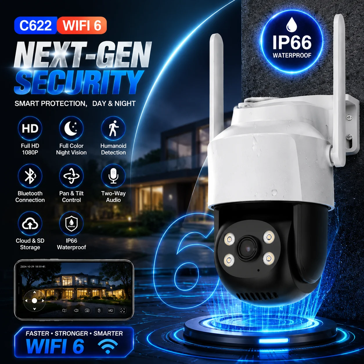 5MP PTZ Security Camera Outdoor WiFi IP Camera AI Human Detection Night Vision Two Way Audio IP66 Waterproof CCTV Surveillance