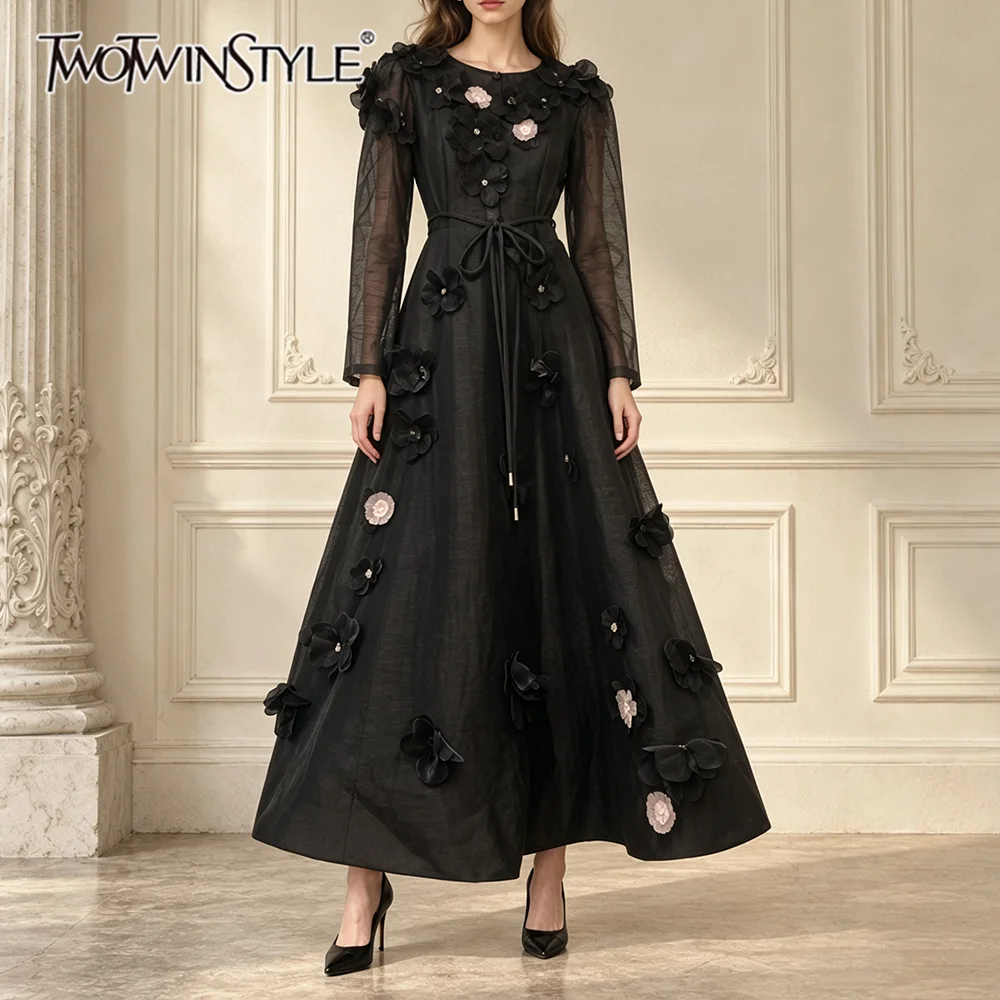 TWOTWINSTYLE 3D Flower Spliced Sheer Mesh Slimming Maxi Dress for Women Round Collar Long Sleeve Patchwork Button Dresses Female