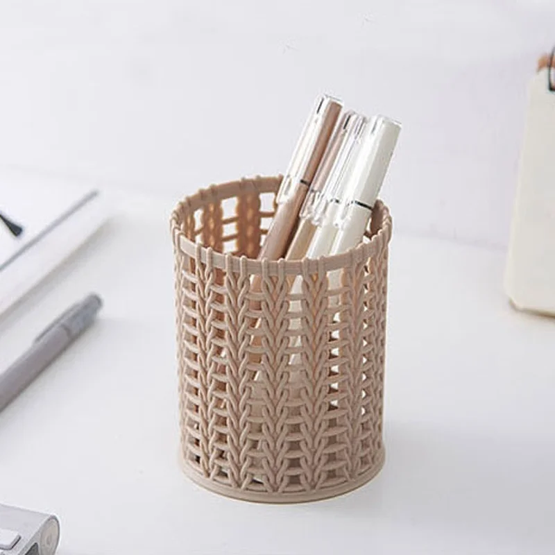 Imagem -06 - Criativo Rattan Plastic Pen Holder Multi-funcional Caixas Ocas Escritório de Papelaria Balde Lápis Container Case