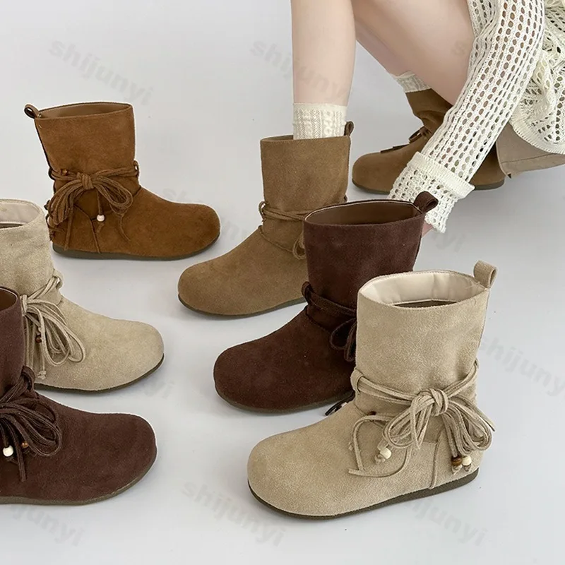 

Женские короткие сапоги, модные осенние ботинки 2023, новые корейские стильные нескользящие универсальные трендовые ботинки на плоской подошве с мягкой подошвой на низком каблуке Botas Mujer