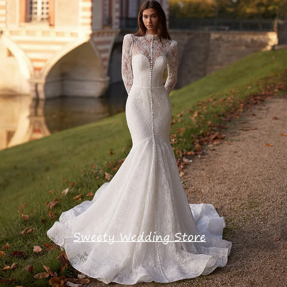 

Customized Lace Mermaid Wedding Dress Elegant High Neck Long Sleeves Sweep Train Arabian Bridal Gown for Woman Bride
