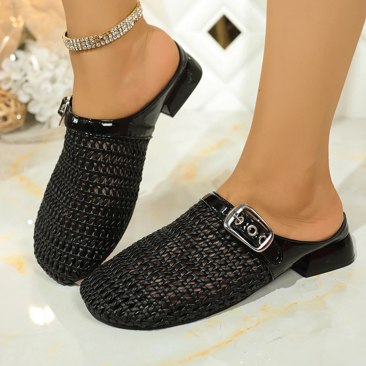 

Plus Size 35-42 New Women Slippers Handmade Buckle Cut Outs Low Heels Summer Mules Female Shoes