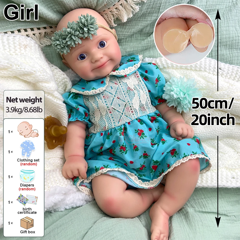 20 Inch Full Solid Silicone Reborn Doll Weighted Body & Realistic Newborn Hand-Painted Details Reborn Doll For Gift & Collectors