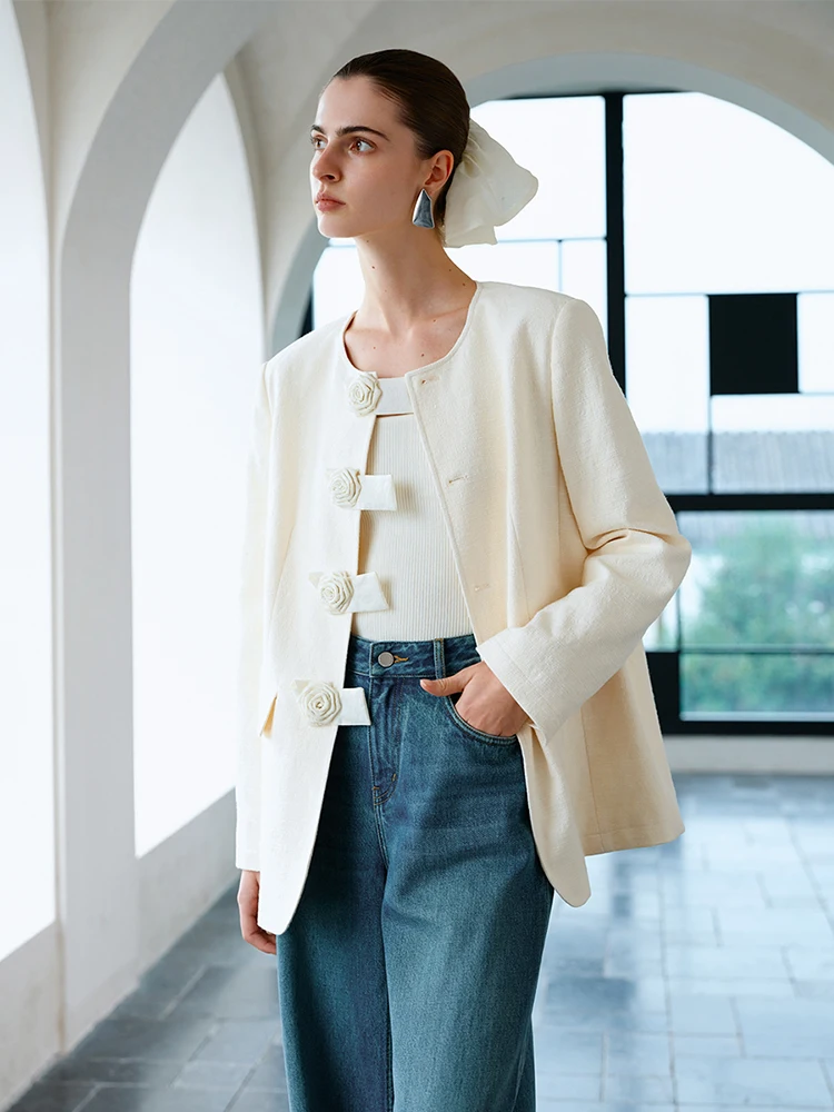 FSLE【Premium Series】Women Spring Beige Jackets Round Neck Handmade Flower Design Office Lady Spring Coats 25FS11326