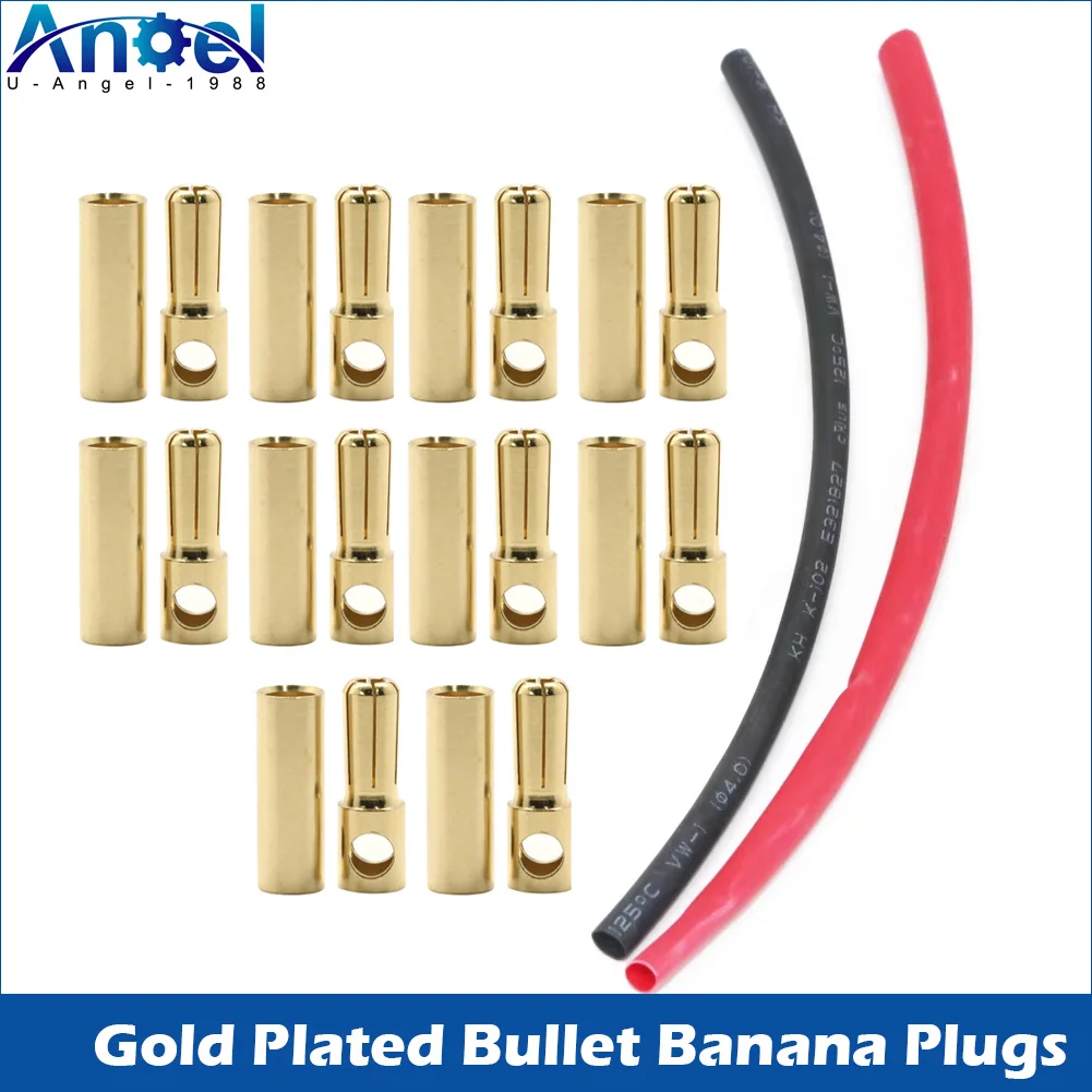 10 Pairs 2.0mm 3.0mm 3.5mm 4.0mm Gold Plated Bullet Banana Plugs Male Female Connectors with 20CM Heat shrinkable tube