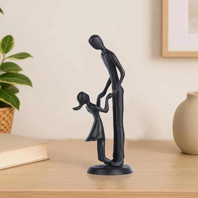 Cast Iron Father Daughter Handholding Figurine, Parent-child Desktop Statue, Metal Craft Home Decoration Ornament & Gift