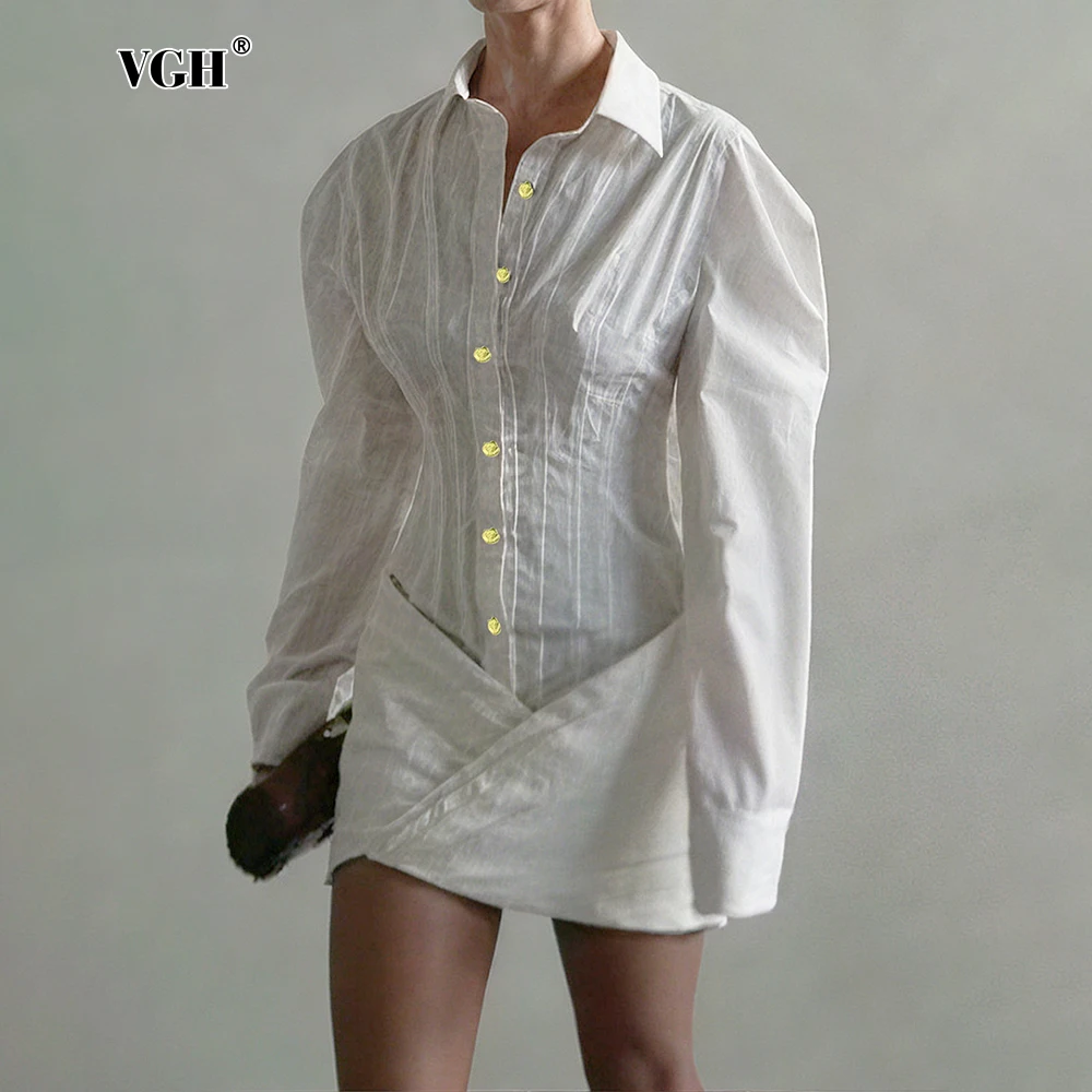 

VGH French Minimalist Short Dress for Women Lapel Long Sleeve Patchwork Buttons Tunic Designer Solid Dresses Female Autumn Style