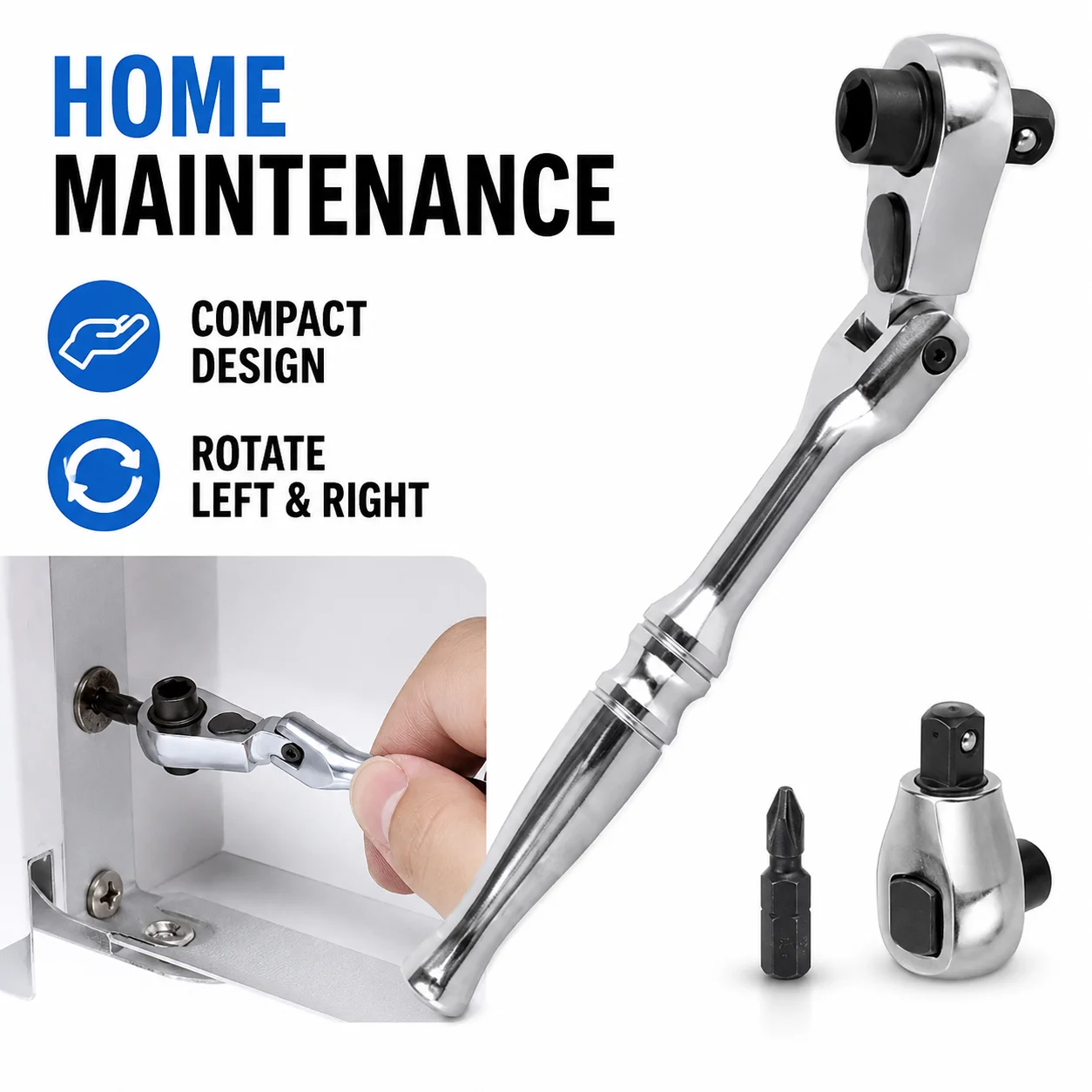 Tools Use In Workshop - ด้ามขันแบบมีฟันเฟืองโครเมียมวาเนเดียม ขนาด 1/4 นิ้ว หัวขันแบบยืดหยุ่น ปรับกลับด้านได้