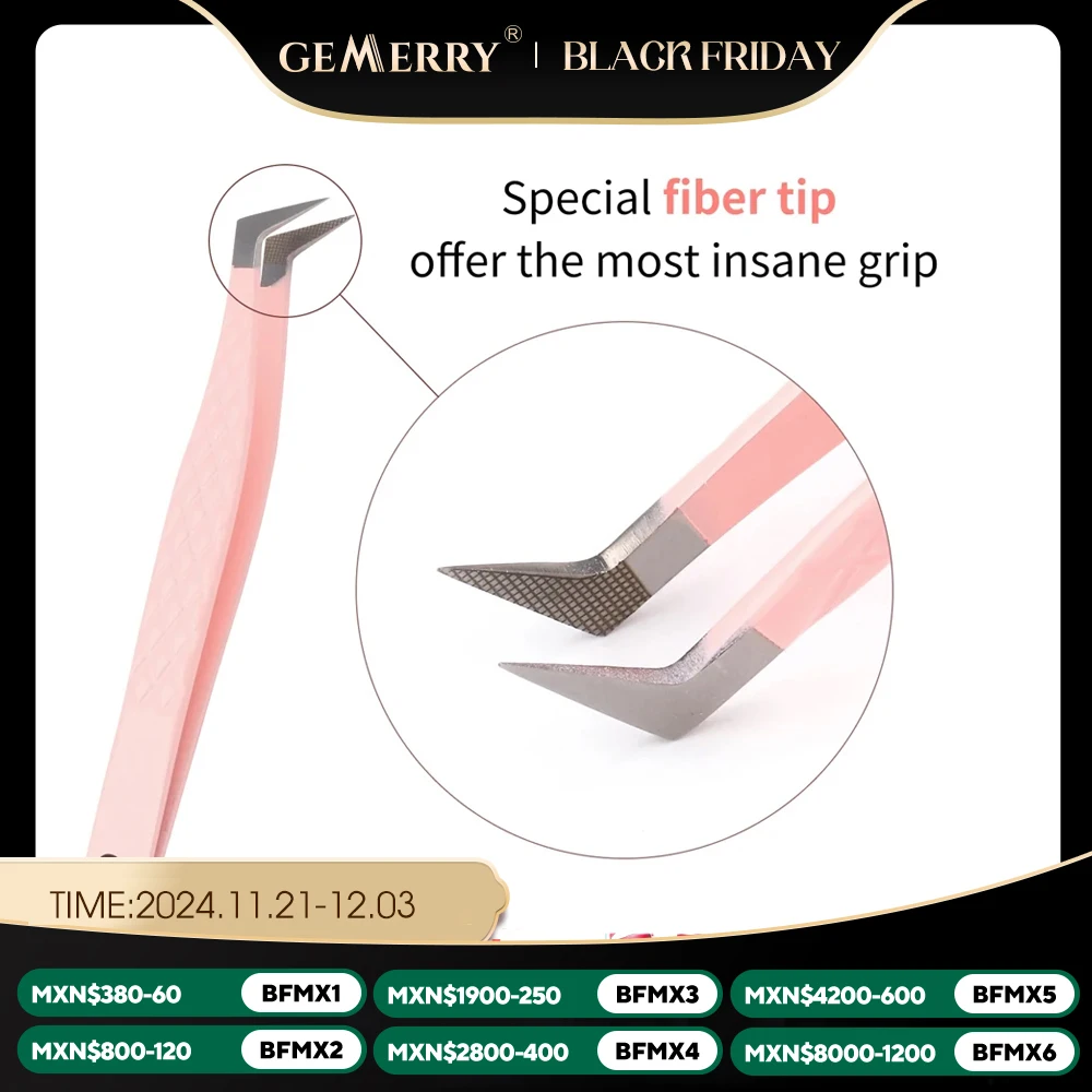 Gemerry 1 pcs Pink Stainless Steel Tweezers Eyelash Extensions High Precision Anti-static Tweezers with Fiber Tips Makeup Tools