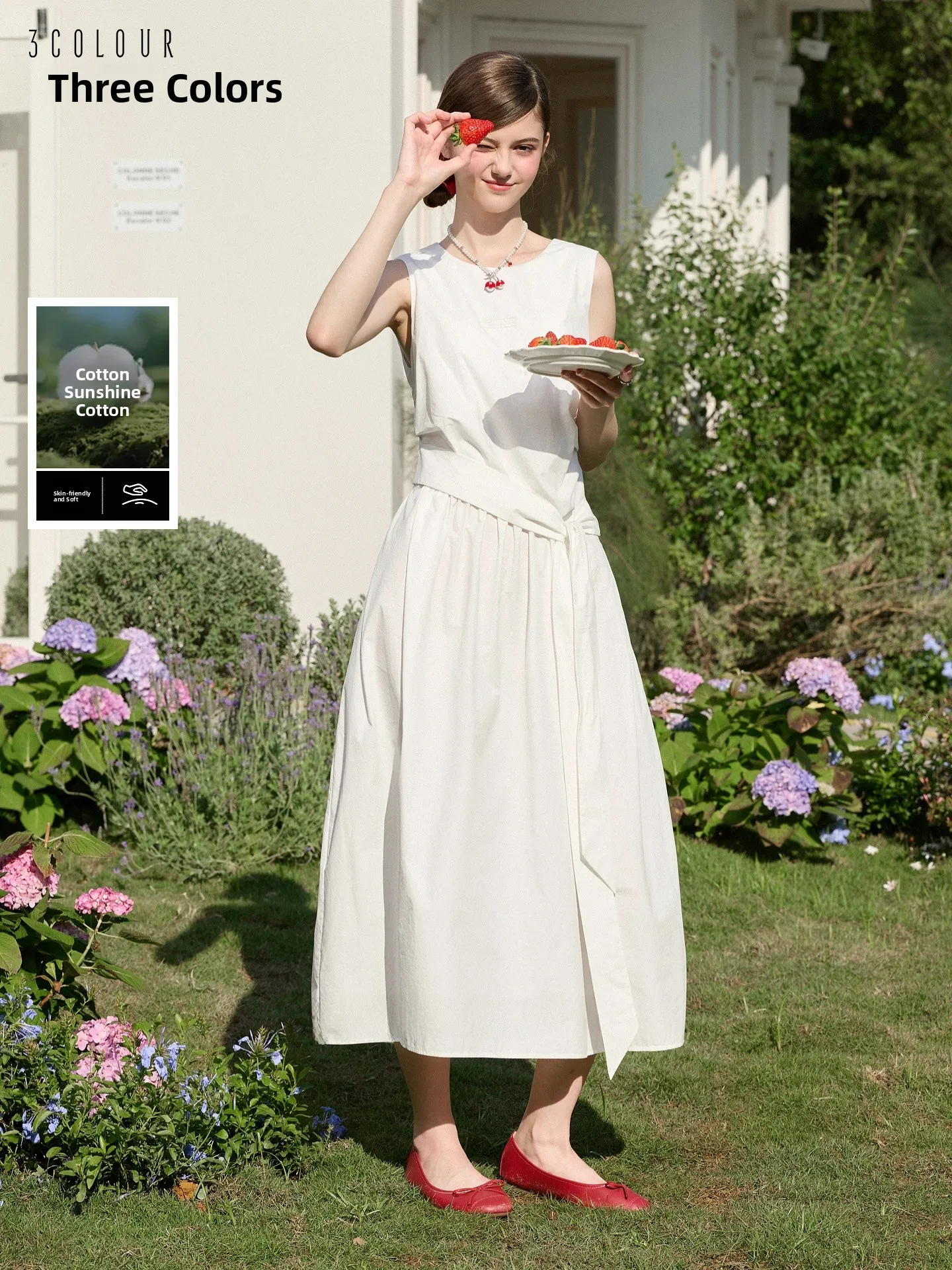 

Spring New Tee-Color Drunken Flower Bud Dr round Ne Svel A-Line Skirt Design Sense Women's Cotton Casual Dr