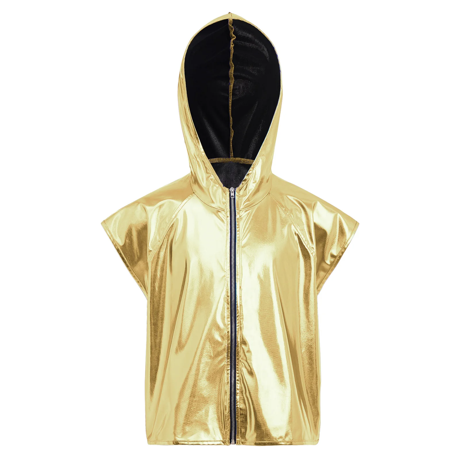 

Unisex Kids Boys Girls Metallic Hooded Jazz Dance Vest Sleeveless Zipper Shiny Hoodie for Jazz Hip Hop Dance Stage Performance