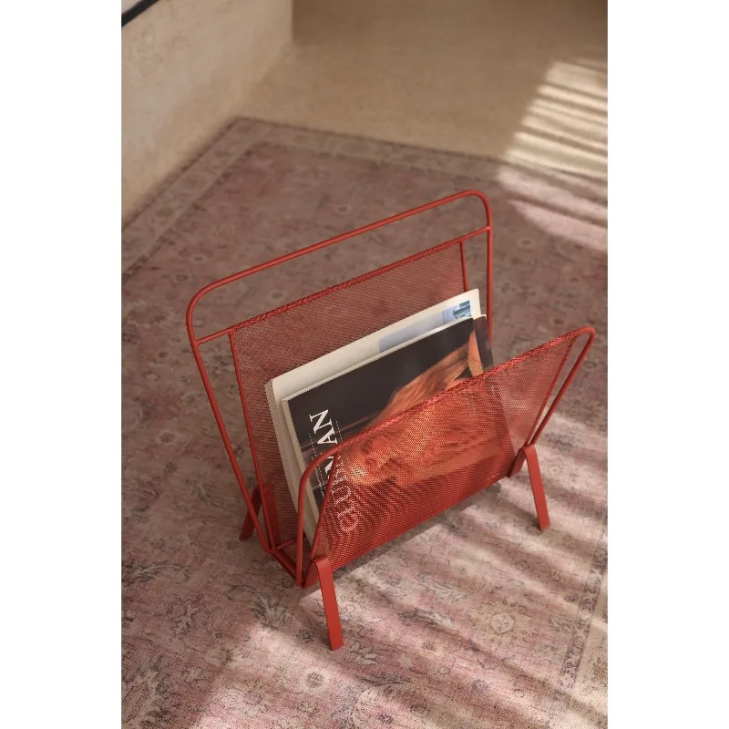 Red metal mesh book and newspaper rack, magazine rack, movable medieval replica, retro and simple