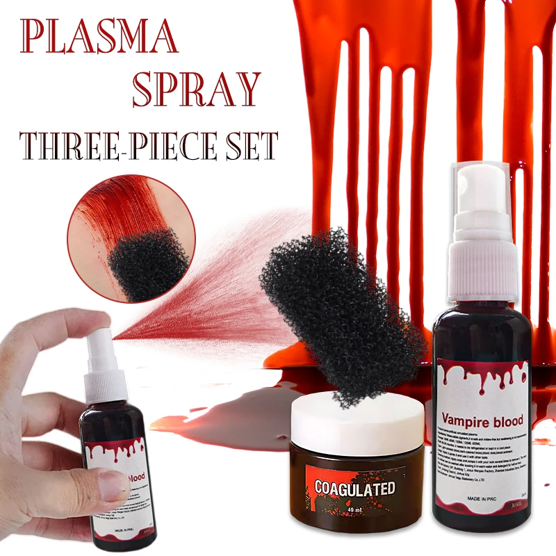 Halloween SFX Fake Blood Makeup Kit,Vampire Blood Spray+Coagulated Blood Gel+Stipple Sponge,Realistic Wound Zombie Cosplay Party