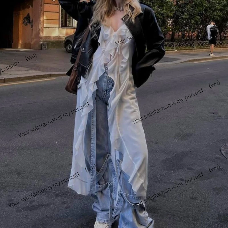 

Лето 202, женский однотонный жилет на бретельках с рюшами, длинный топ с неравномерной шнуровкой из шифона