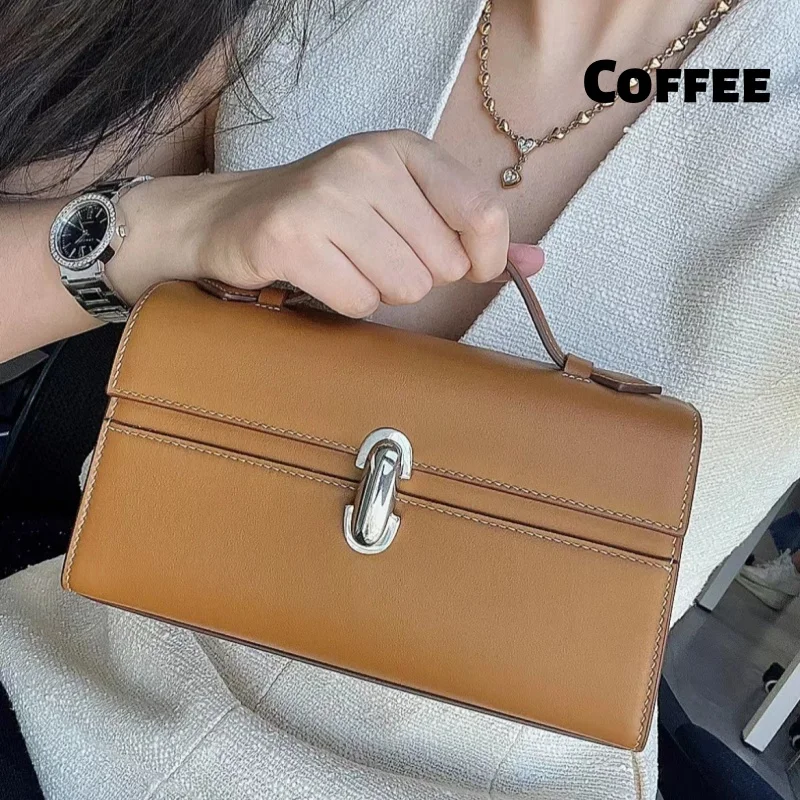 

Stylish Handbag Leather Clutch Compact Square Bag French Minimalist Cowhide Bag Luxurious Clutch Soft Lovely