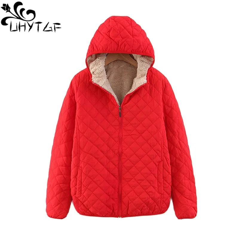 

UHYTGF Women Autumn Winter Parkas Coat Jacket Female Lamb Hooded Plaid Long Sleeve Warm Winter Jacket Women Casaco Feminino 2676