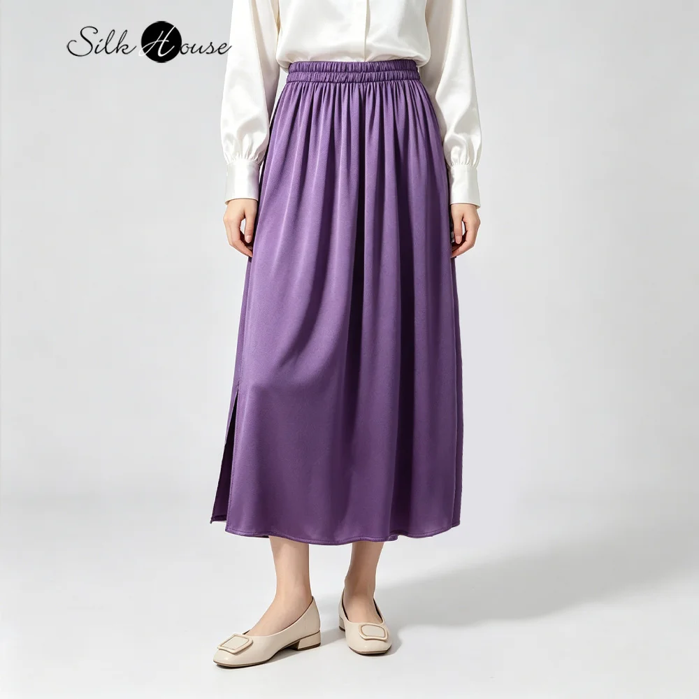 

2026 Women's Fashion Summer New Versatile 93% Natural Mulberry Silk Elastic Satin High Waist Solid Color A-line Loose Skirt
