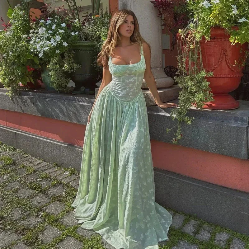 Vestido verde elegante con estampado de flores para mujer, vestido ajustado con tirantes, Sexy, con cuello cuadrado, cintura alta, vestidos divididos, batas de fiesta y vacaciones 2024