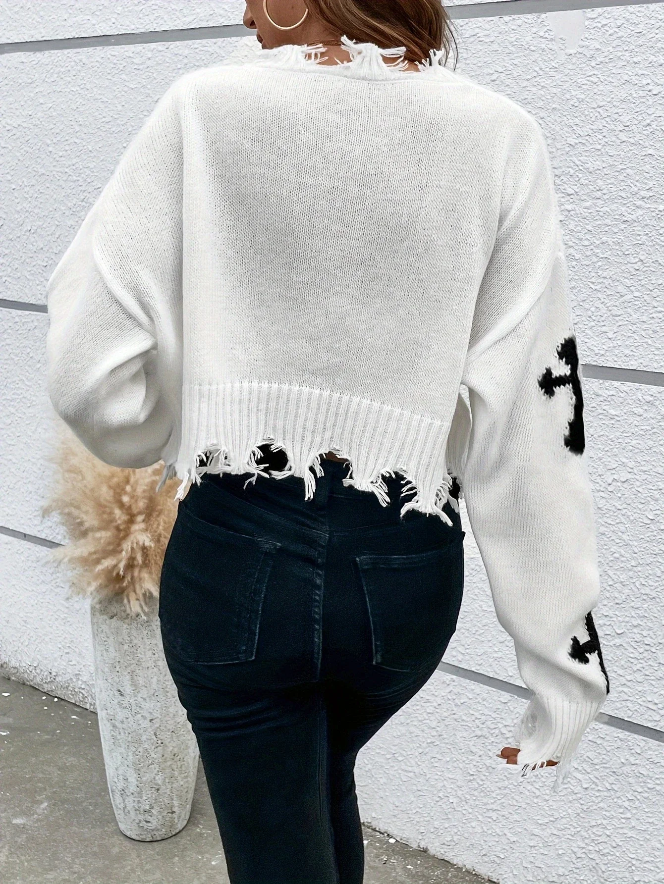 Cozy Cross Pattern Drop Shoulder Crop Sweater - Distressed Ripped Long Sleeve for Women's Fall & Winter Fashion