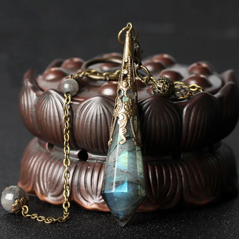 Labradorite Pendulum Necklace Vintage Sacred Geometry Natural Flashy Quartz Crystal Rock Gemstone Wicca Dowsing Divination Tool