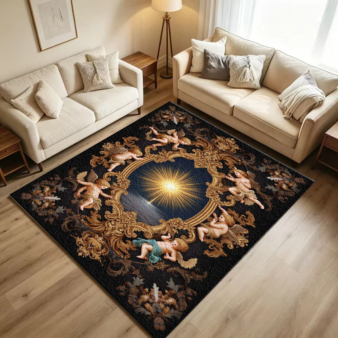 Baroque Angel Cherub Sun Art Carpet Flooring Vintage Rococo Golden Frame Cupid Ornate Printed Floor Rug for Household Room Home Decoration