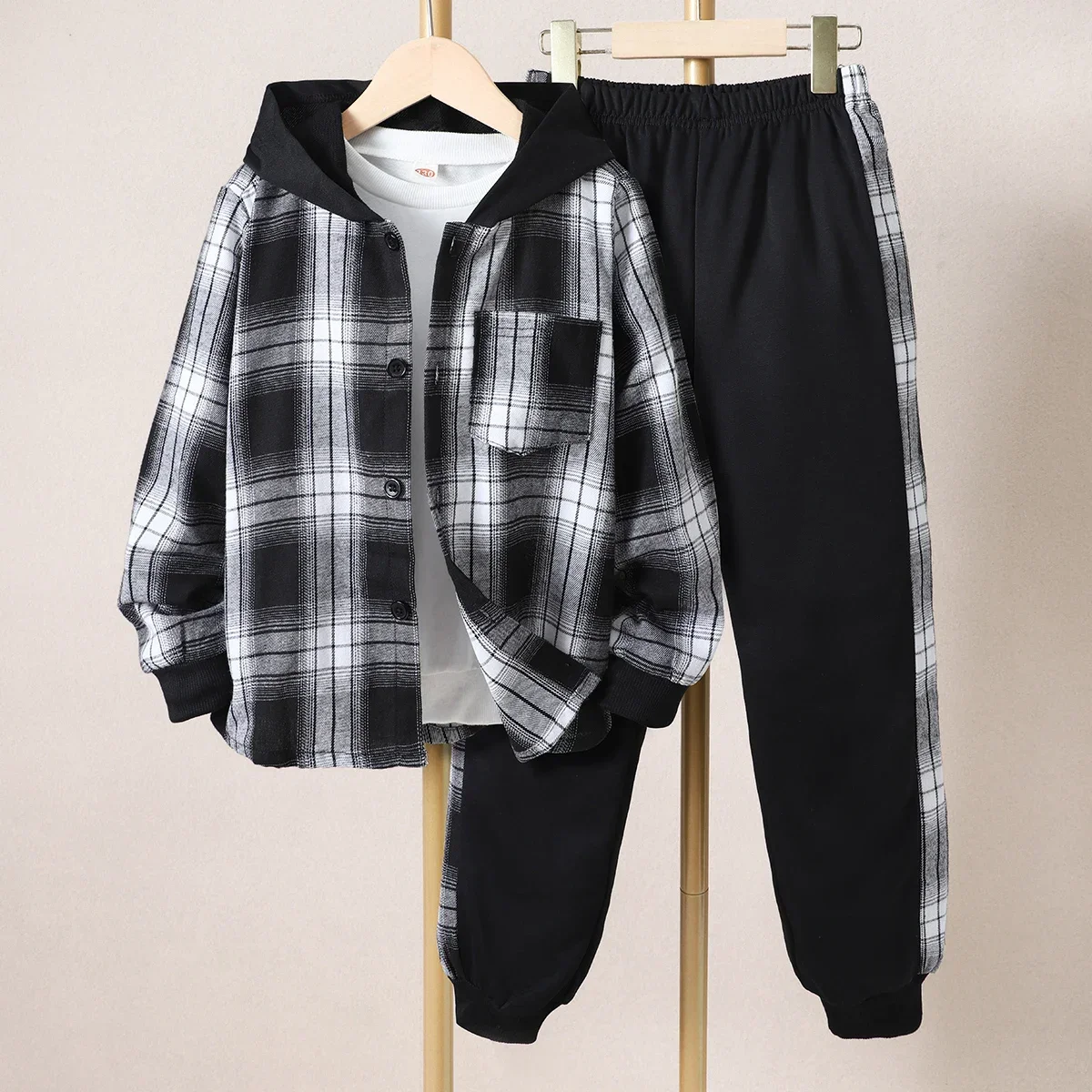 Kids Boys\' Autumn Casual Checker Hoodie Set Shirt Suit Soft Ventilate Fashion Boys Suit Plaid Children\'s Clothing Set