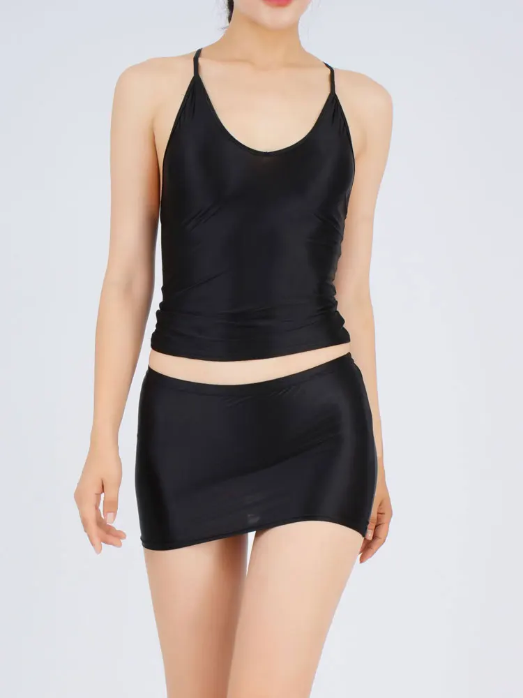 Sexy Women's Satin Shiny Skirts Sets With Slip Spaghetti Strap Vest Elastic Backless Tank Tops Sheer Package Hip Mini Skirts