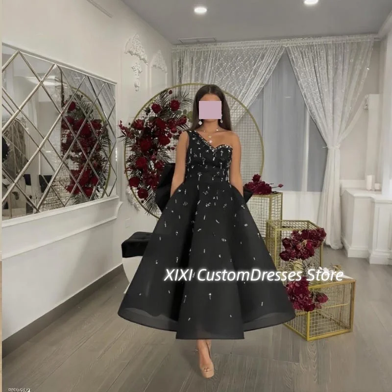 فستان فاخر مخصص بكتف واحد على شكل حرف a بطول الشاي وسحاب حتى فستان حفلات الزفاف بدون أكمام مطرز أنيق وجميل للنساء