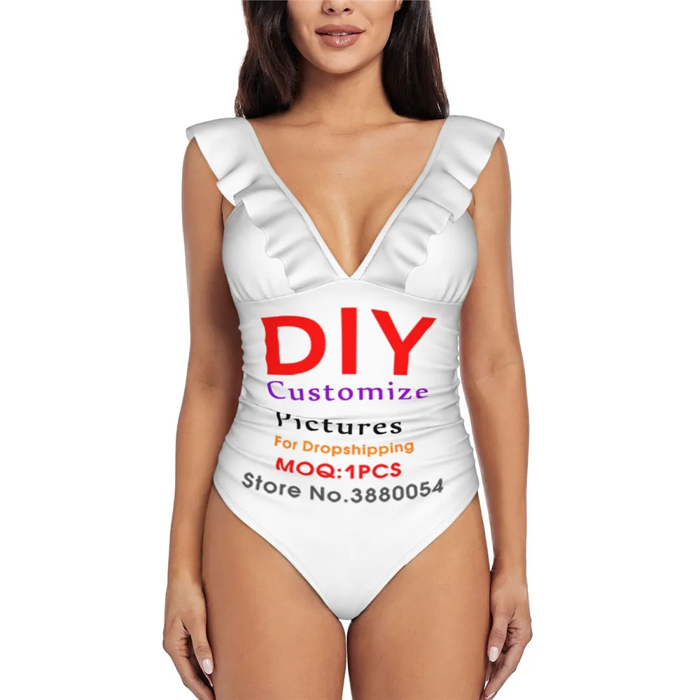 Noisydesigns Custom Women Ruffle Strap One Piece Swimsuit 2022 Ladies V-Neck Sexy Beach Surfing Summer Bikini 2XL Dropship