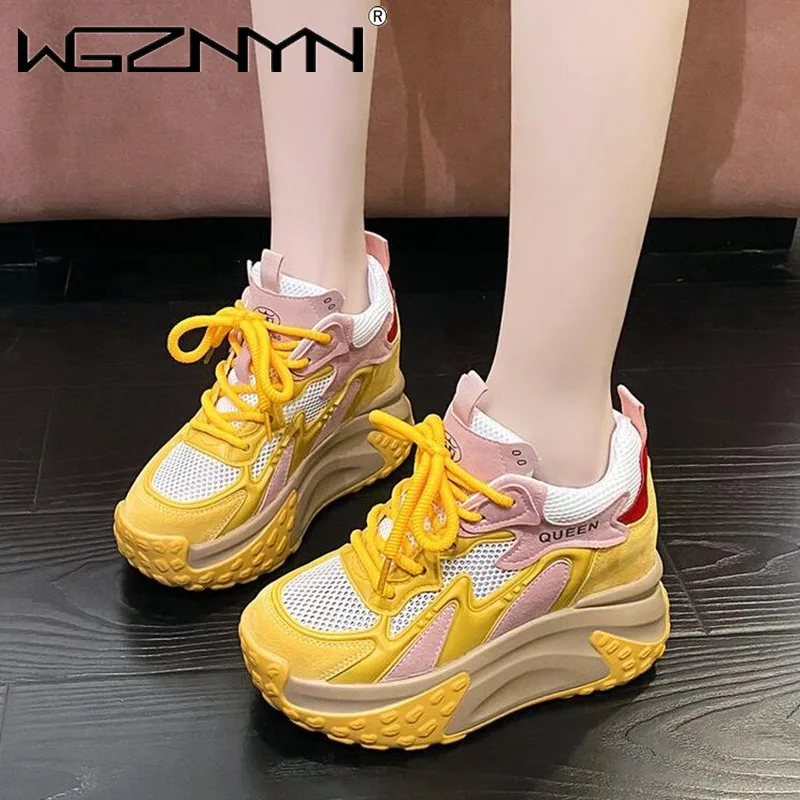 Fashion Med Heel Sneakers for Women 2024 New Hot Sale Autumn Rubber Ladies Shoes Lace-up Air Mesh Womens Vulcanize Shoes Zapatos