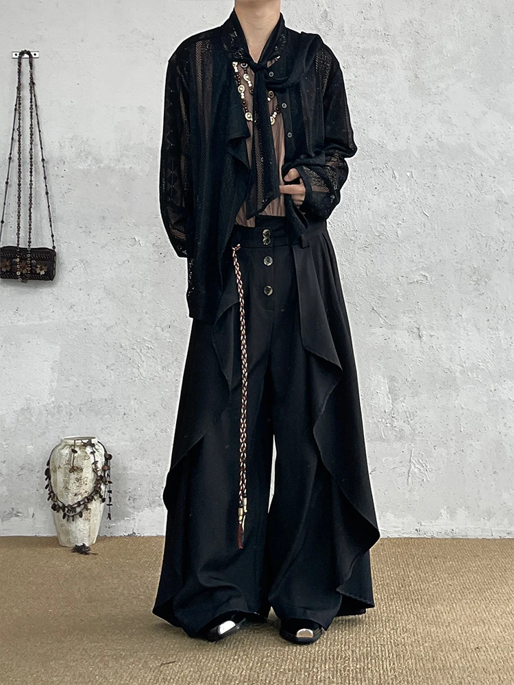 BKYC Japanese Retro Design Tassel Trim Gender Neutral Wide Leg Draped Nine Point West Pants Youth Casual Polyester Summer 2024