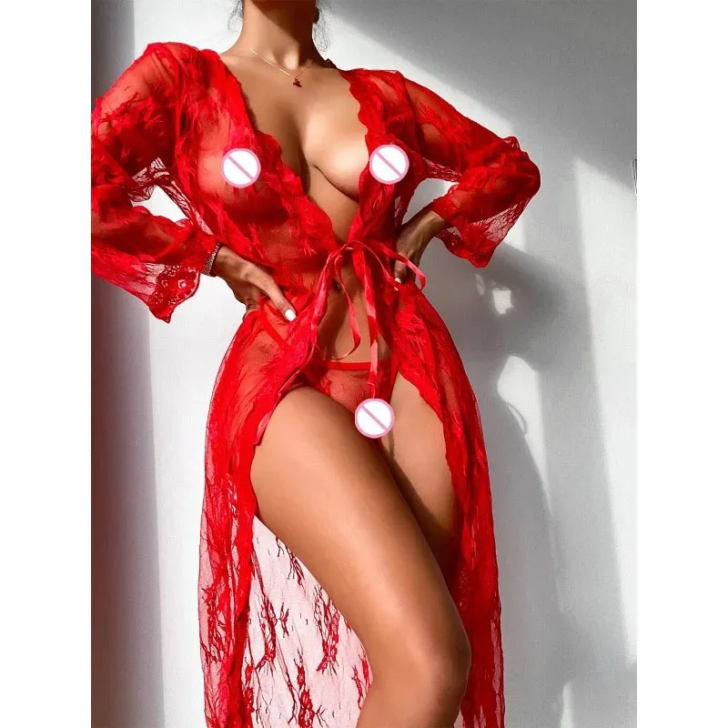 

Woman Night Dress Fashion Net-silk See-through Nightgown Set with Sexy Lace Underwear and Robe Set Sexy Female Lingerie