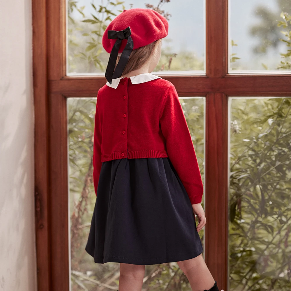 Dave Bella Girls\' Knitted Sweater Dress Gentle Cute Children Fake Two Piece Baby Long Sleeve Dress Outdoor Party DBM14515