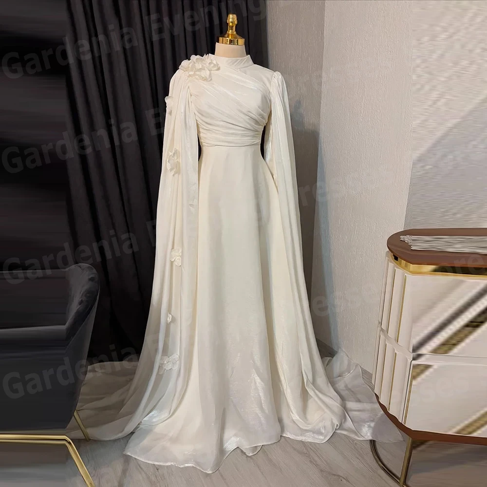 

Arabic Graceful A Line Women's Evening Dresses Long Sleeve Prom Gowns Flowers Customized High Neck Vestido De Gala Noche Mujer