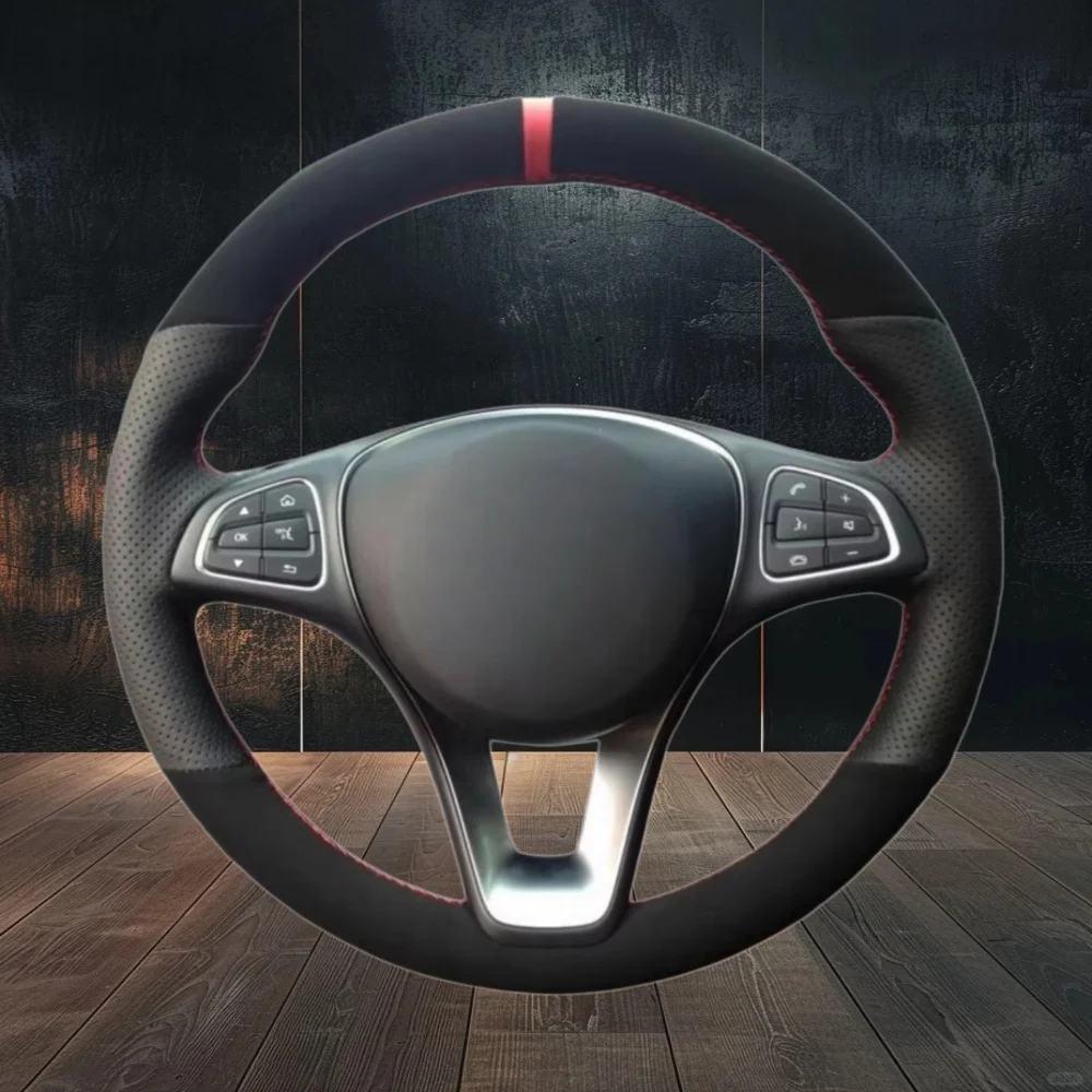 Handgenähter schwarzer perforierter rutschfester Wildleder-Lenkradbezug (W447) 2015-2020 für Mercedes-Benz Vito III.