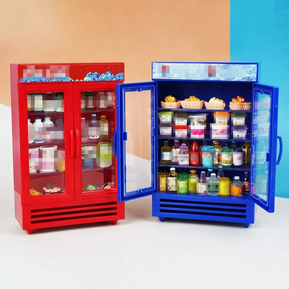 Kids Pretend Play Toy Double Door 1:12 Doll House Mini Fridge Silver Freezer High Quality Refrigerator Dollhouse Furniture