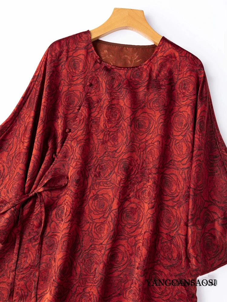 Women's Fashion Clothing 100% Natural Mulberry Silk Fragrant Cloud Yarn Rose Jacquard Round Neck Three-quarter Sleeve T-shirt