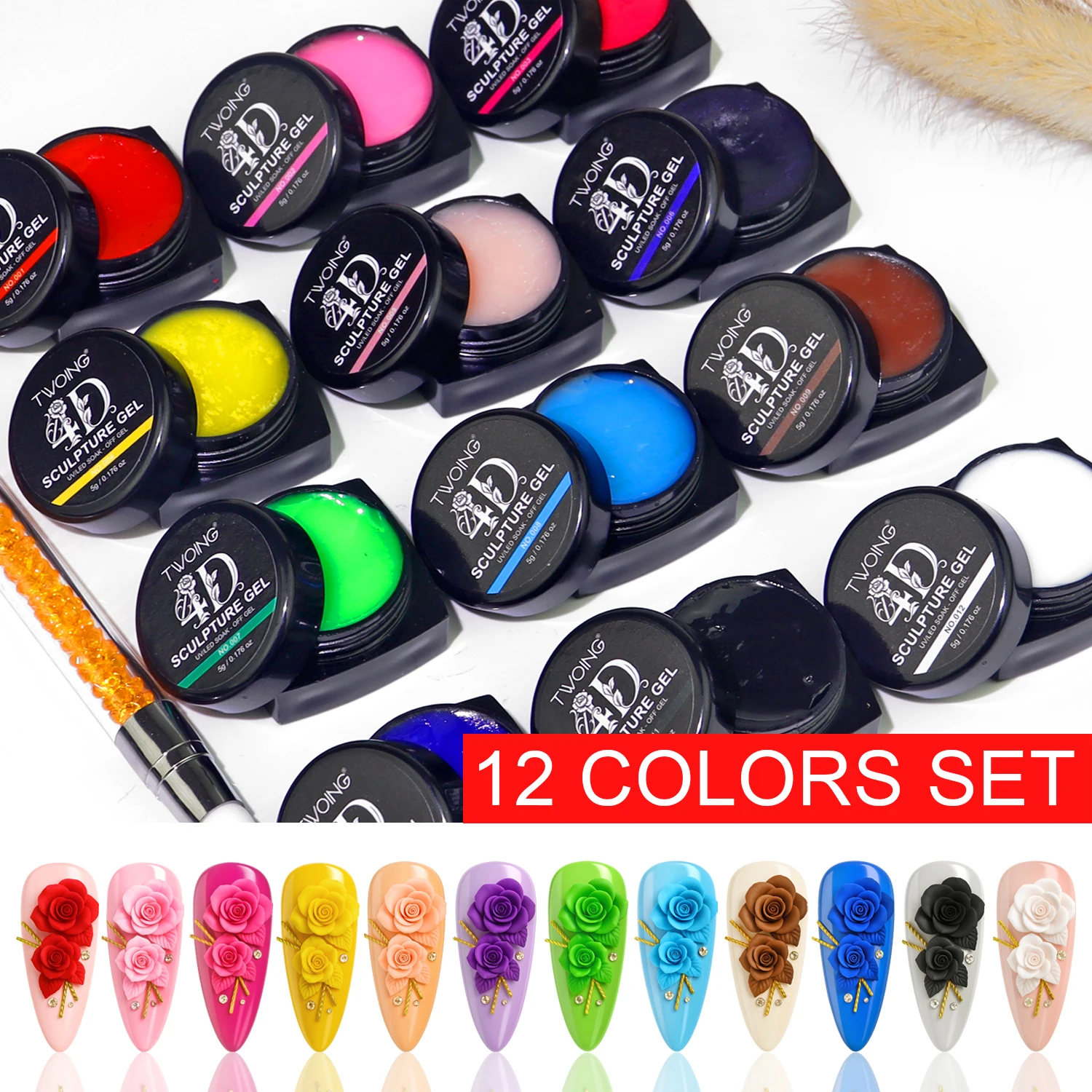 

TWOING 12 Colors Non Sticky Soak Off Sculpture Gel Kit with Pen for 3D 4D Nail Art Firm Texture Carving and Sculpting Gel DIY