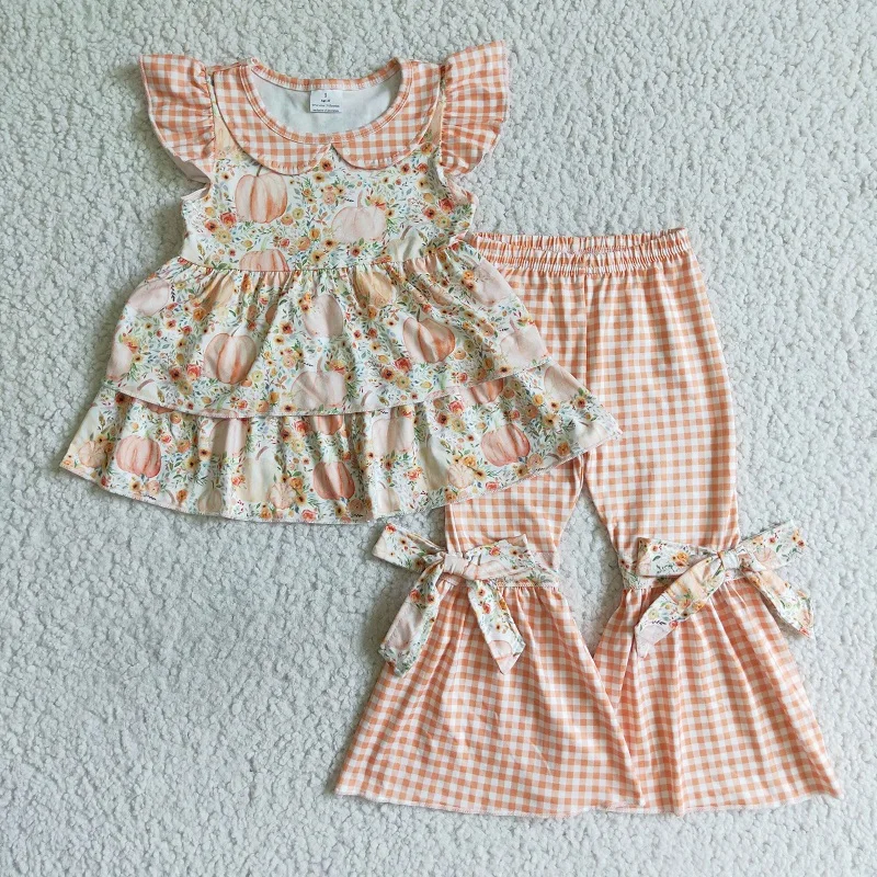 

New Summer Fashion Baby Girls Autumn Pumpkin Flower Flying Sleeve Plaid Suit Boutique Wholesale Children Clothing