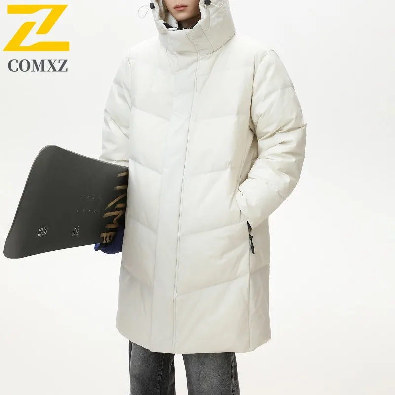 COMXZ Men Long Down Jacket Classic Hooded Outdoor Mountaineering Windproof Parka Solid Color Travel Lightweight Winter Down Coat